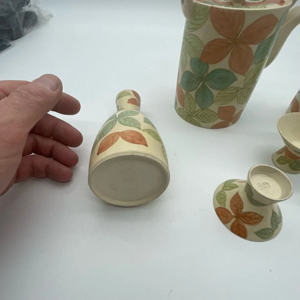 Vintage Otagiri Japanese Sake Tea Set Hand Painted Floral Leaf 6-Piece Ceramic